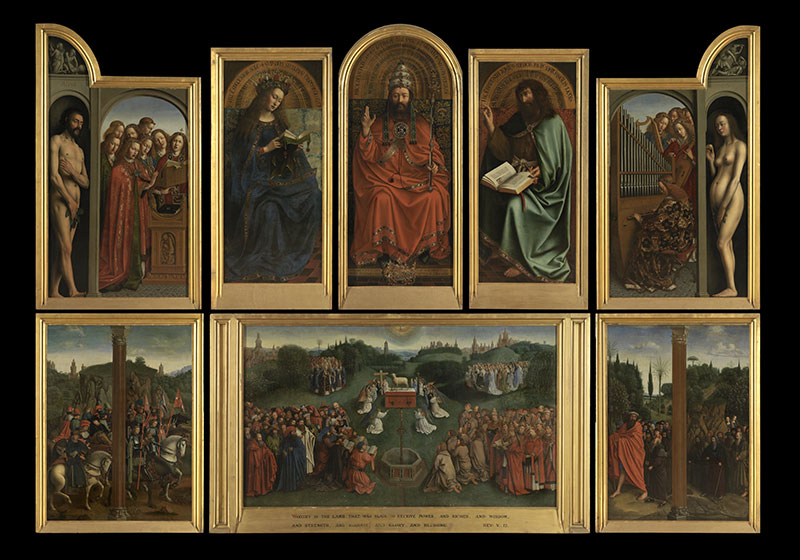 《根特祭坛画 The Ghent Altarpiece》1432年，北欧文艺复兴，宗教绘画，油画，461 x 350 cm，圣•巴夫大教堂，比利时