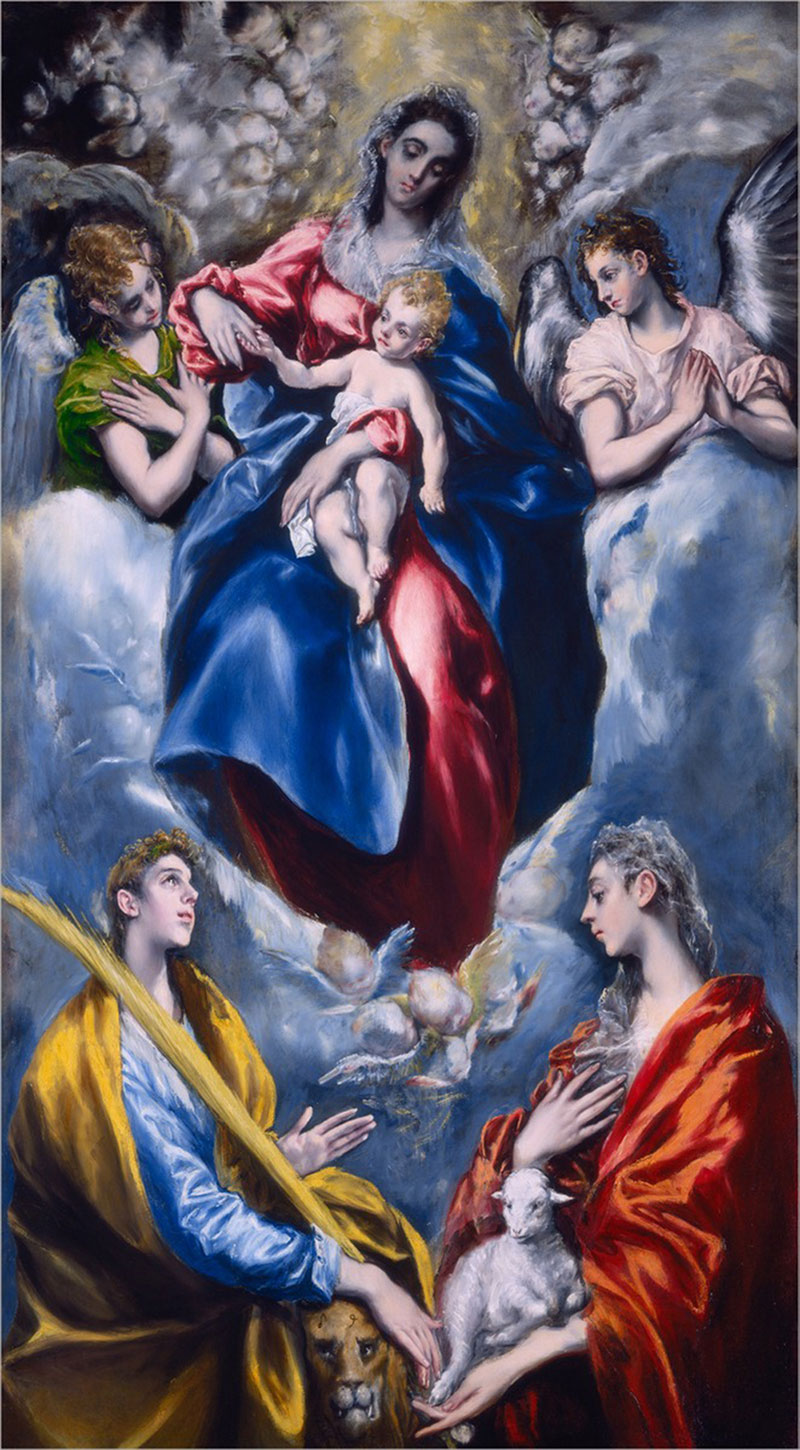 埃尔·格列柯（El Greco）高清油画作品《圣母玛利亚和圣艾格尼丝的圣母子 The Virgin and Child with St. Martina and St. Agnes》