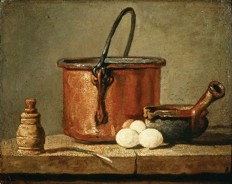 铜锅与鸡蛋 - Still Life of Cooking Utensils, Cauldron, Casserole and Eggs
1734年，静物，布面油画