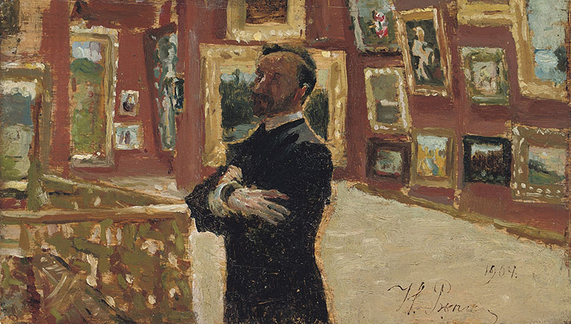 N.A. Mudrogel in the pose of Pavel Tretyakov in halls of the gallery