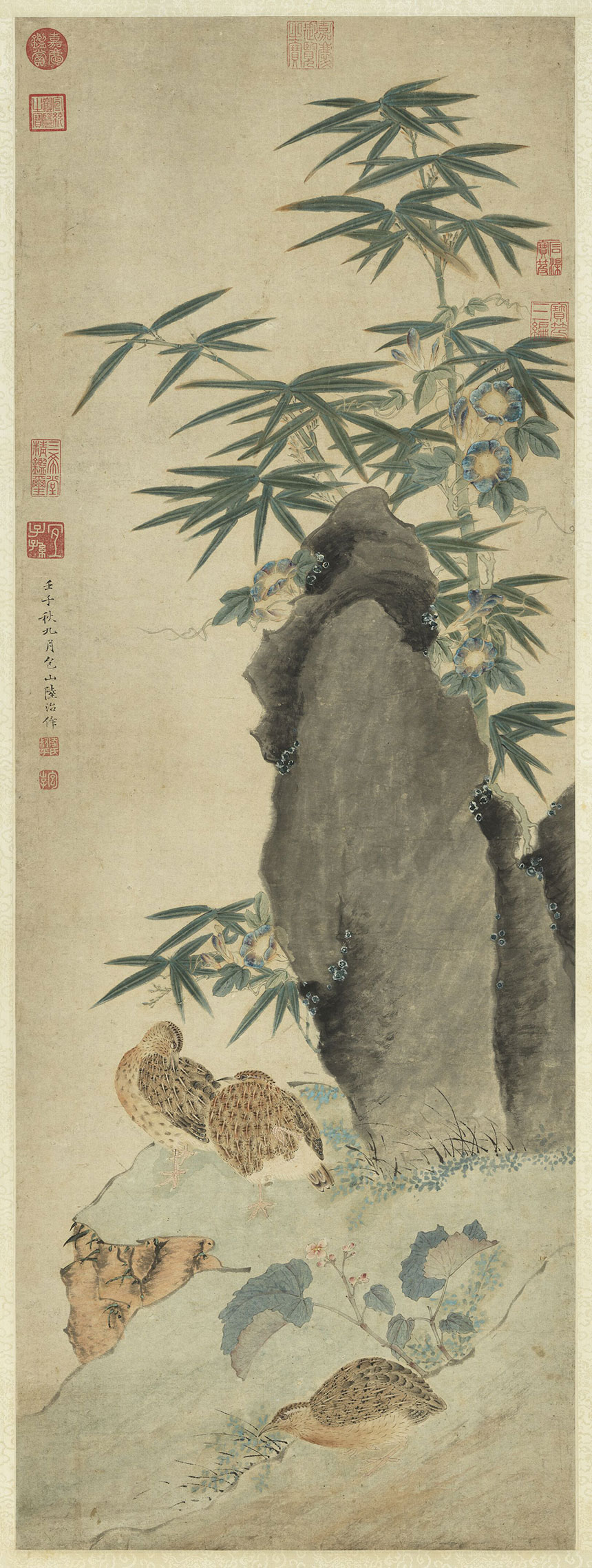 明·陆治《竹报平安图》
纸本 立轴 设色 117.9x43.1厘米
台北故宫博物院藏